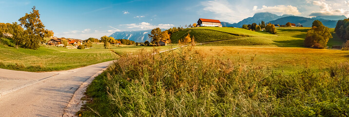 High resolution stitched panorama at the famous Hoeglwoerther See lake, Hoeglwoerth, Berchtesgadener Land, Bavaria, Germany