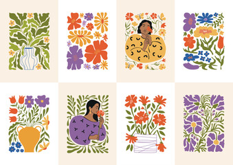 Fototapeta premium Abstract vector illustration set of botanical printable posters and woman portraits in Matisse style. Art for postcards, wall art, banner, background. 