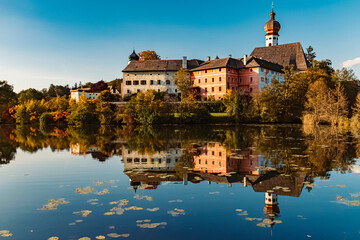 Naklejka na ściany i meble Beautiful alpine summer view with reflections at the famous Hoeglwoerther See lake, Hoeglwoerth, Anger, Rupertiwinkel, Berchtesgadener Land, Bavaria, Germany