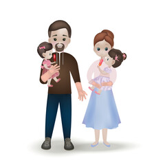 Happy family, vector illustration. Mother, father and two daughters. Parents hold baby girls on hands, kids are eating ice cream. All family members are smiling. Cartoon 3d people. 