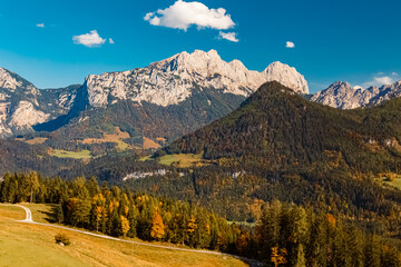 Naklejka premium Beautiful alpine autumn or indian summer landscape view at the famous Loferer Alm, Lofer, Salzburg, Austria