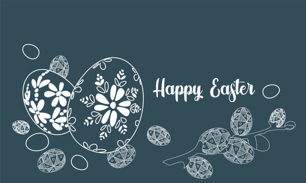 Happy Easter greeting card on dark blue background. Vector illustration for ethnic design. Linear drawing of Easter eggs and willow branches.
