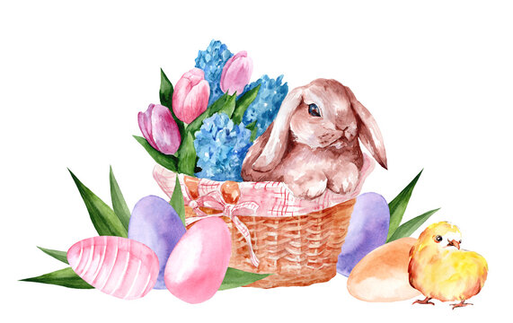 Cute easter bunny, eggs, spring flowers. Hand drawn watercolor illustration