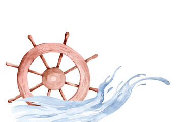 Wooden steering wheel on a white background. Hand watercolor. ocean, sea. Free space for text © Tatyana Sidorova