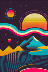 Planets in retro poster style, dark galaxy, cosmic illustration Generative AI