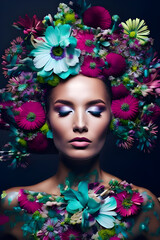 Nature's Elegance: An AI-Produced Portrait of a Woman with a Flourish of Flowers