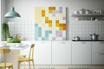 Scandinavian modern kitchen with dining table, concept interior design, illustration, geometric square mosaic graphic effect with copy space for text. Generative AI