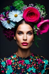 Naklejka premium Botanical Beauty: An AI-Designed Portrait of a Woman with an Array of Flowers and Herbs