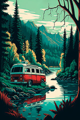 A van parked on the side of a river. Generative AI