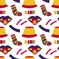 Fun colorful seamless pattern. Creative 90s style background for children or trendy design with panama, sock, lip, abstract shapes. Playful doodle wallpaper print.