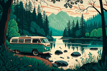 A van parked on the side of a river. Generative AI