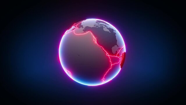 Rotating earth in 3d with tectonic plate boundaries glowing in bright red