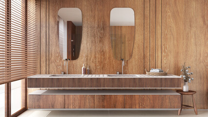 Minimal wooden bathroom close-up in white and beige tones. Double washbasin with sink and mirror....