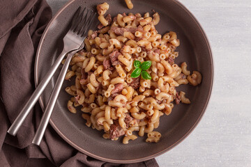 Pasta with stewed meat, pasta in the navy, horns, homemade, no people,