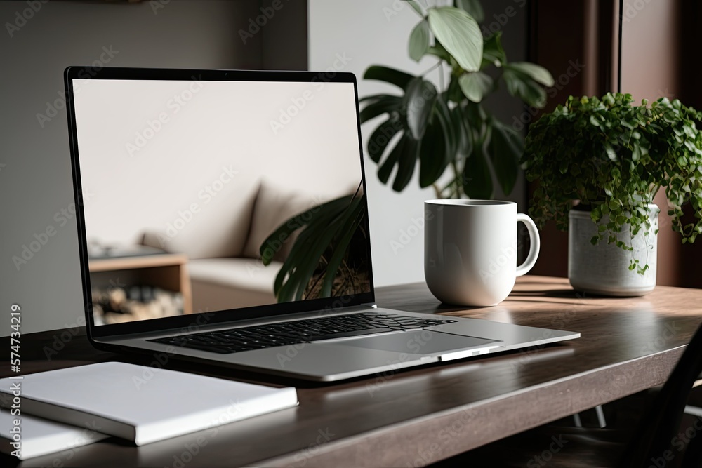 Poster mockup of a laptop computer with a blank screen on a modern home's wooden counter table. generative 