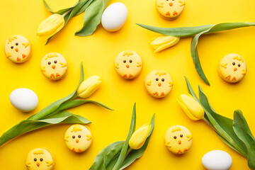 Set of easter macaroon chicks with yellow tulips and eggs over yellow background. Top view, flat lay. Easter background or greeting card. Holiday symbol