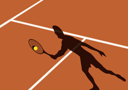 Fond pour une présentation sur le concept du sport, avec l’ombre d’un joueur de tennis qui se détache sur un terrain en terre battue.
