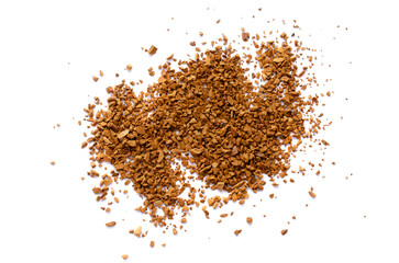 Instant coffee, granules isolated on white background, top view. Heap of instant coffee isolated on white background. Granular, instant coffee isolated on white background, top view.