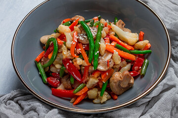 Wok, Asian-style vegetables, street food, mixed vegetables, no people, top view,