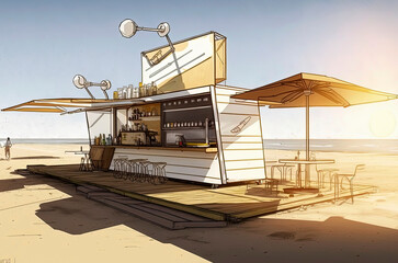 Modern recycled bar with chairs and tables outside in the beach