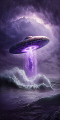 Obraz na płótnie Canvas generative ai illustration, a floating purple colored ufo above stormy ocean