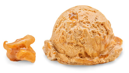 Caramel Ice cream scoop isolated on a white background with caramel pieces closeup.