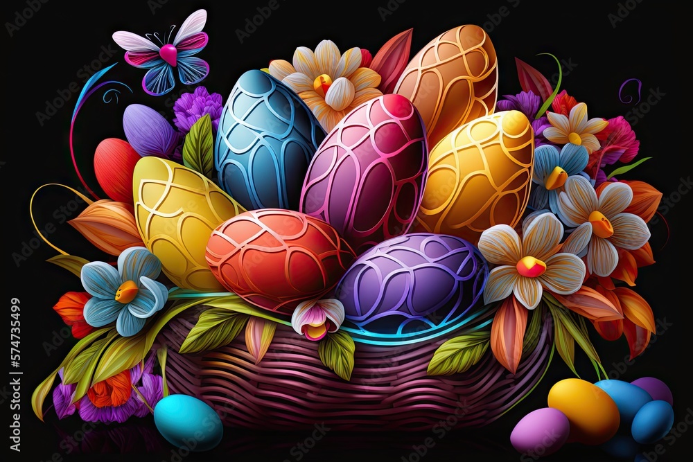 Wall mural colorful neon easter eggs with patterns in a basket - generative ai