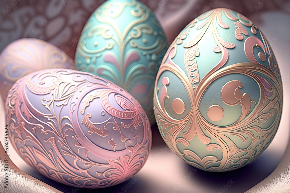 Sticker Colorful pastel Easter eggs with ornate patterns with glowing flowers - Generative AI