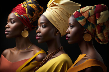 Trio of African women in ethnic dress. Generative AI - obrazy, fototapety, plakaty