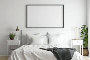 White bed with blank horizontal poster. Isolated poster frame clipping route. Generative AI