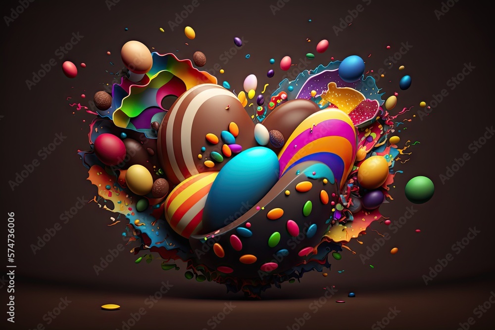 Wall mural chocolate easter egg exploding, vivid color background wallpaper - generative ai