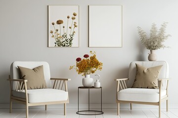 Living room with white couches and dry flowers on table, white wall mockup background. Generative AI