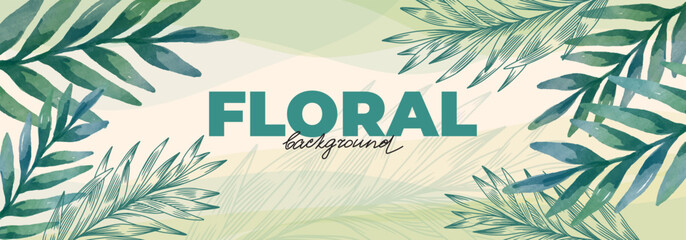 Spring background with watercolor tropical leaves for banner design. Template with fern branches, stems, palm leaf, floral linear elements