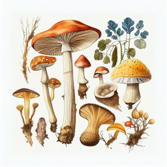 Different types of mushrooms, botanical illustration on white background. Created with Generative AI. - obrazy, fototapety, plakaty
