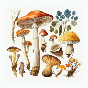 Different types of mushrooms, botanical illustration on white background. Created with Generative AI.