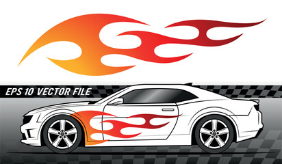 Tribal fire flame race car body side vinyl sticker vector eps art image file. Burning tires and flames sport car decal. Side speed decoration for cars, auto, truck, boat, suv, motorcycle.