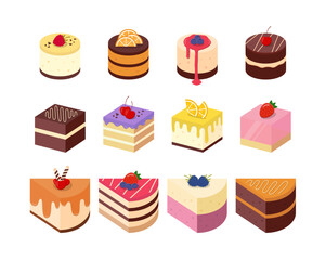 Cake Pieces Isolated. Cute Cartoon Yummy Desserts. Vector Illustration of Delicious Cakes.