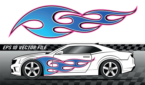 Tribal fire flame electric race car body side vinyl sticker vector eps art image file. Burning tires and flames sport car decal.