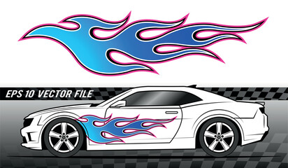 Fototapeta premium Burning tires and blue flame electric sports car decal vinyl sticker. Racing car speed fire flames vector art graphic.
