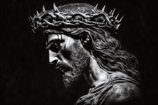 Jesus Christ with the crown of thorns, in profile on a black background. Face of Jesus suffering Holy Week Stations of the Cross Generative AI