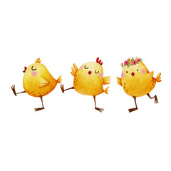 Watercolor happy three Easter chicken on white background - 574737406
