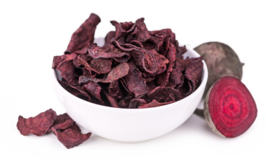 Some healthy Beetroot Chips (selective focus; close-up shot)