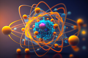 Enlarged model of an atom with a nucleus of protons, neutrons and electrons orbiting around. Generative AI - obrazy, fototapety, plakaty