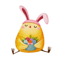 Watercolor little chicken holding Easter basket
