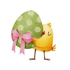 Watercolor little chicken holding Easter egg tied bow