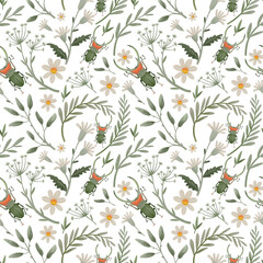 Pastel floral seamless pattern with delicate spring flowers and beetles. Delicate yellow and orange elements on transparent background.