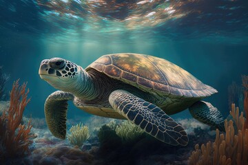 Fototapeta premium Realistic Underwater Sea Wildlife Nature Aquatic Animal, Turtle Swimming in Ocean, Generative AI