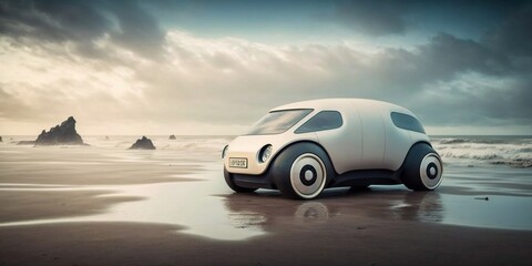 Plakat Retrofuturistic concept car, inspired by Subaru 360, generative AI