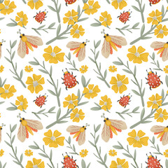 Fototapeta na wymiar Floral seamless pattern with yellow cartoon flowers and insects on transparent background. Spring Easter background.