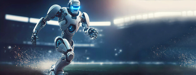 robot playing football against a blurred background. Banner. Generative AI. robot running on the road. Banner.